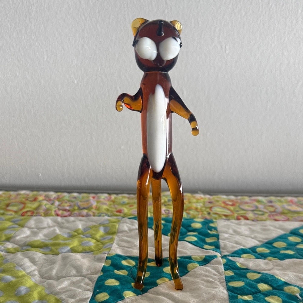 Vintage Handblown Art Glass Mini Cat Figurine - Amber and White